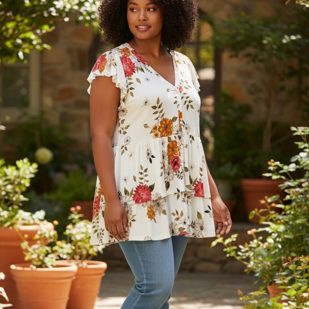 Torrid Women’s Super Soft Floral Button Down Jersey Knit V Neckline Top